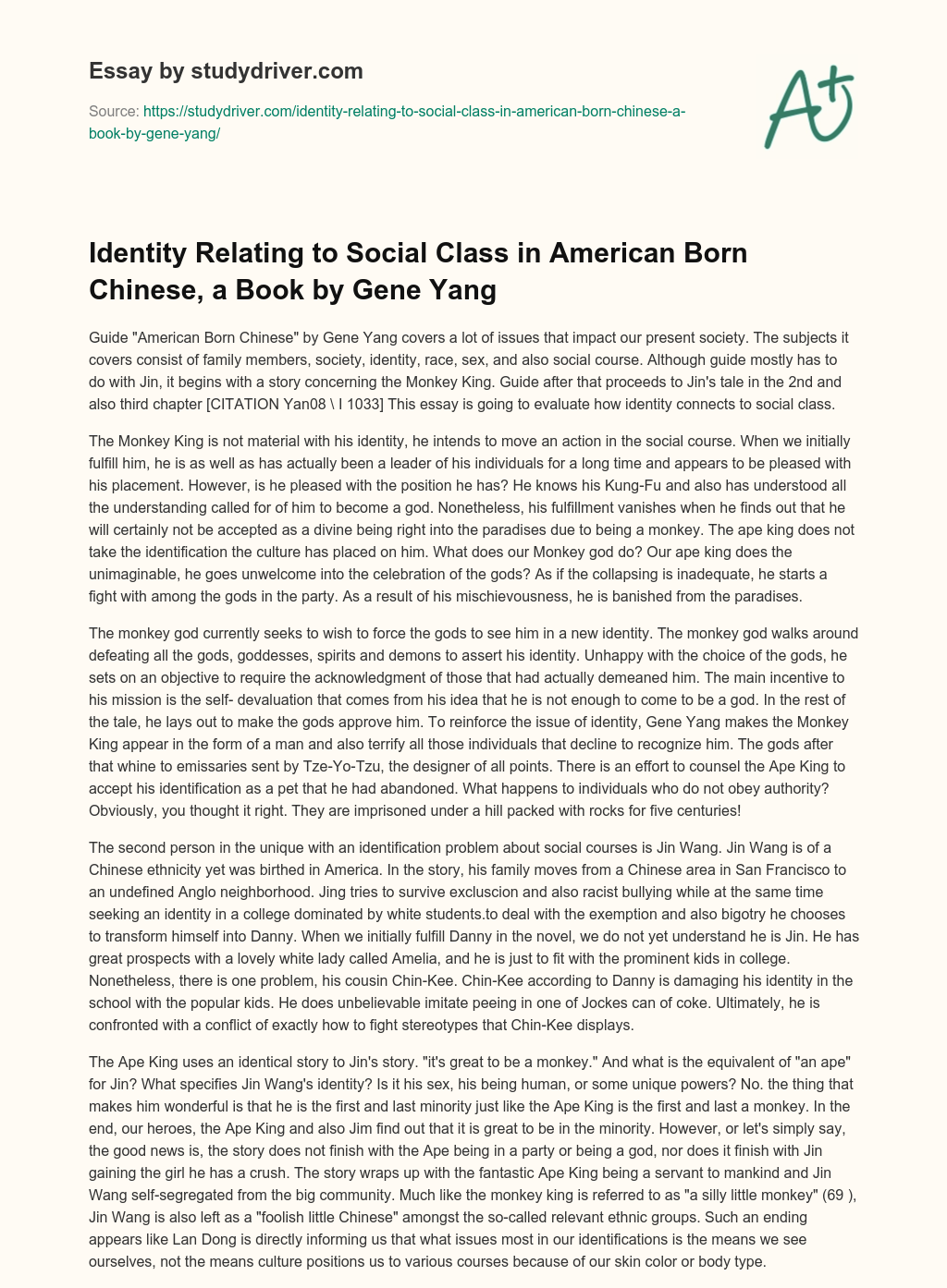 Identity Relating to Social Class in American Born Chinese, a Book by Gene Yang essay