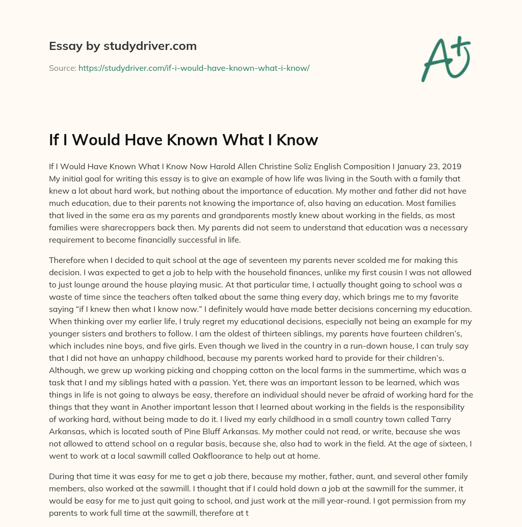 If i would have Known what i Know essay