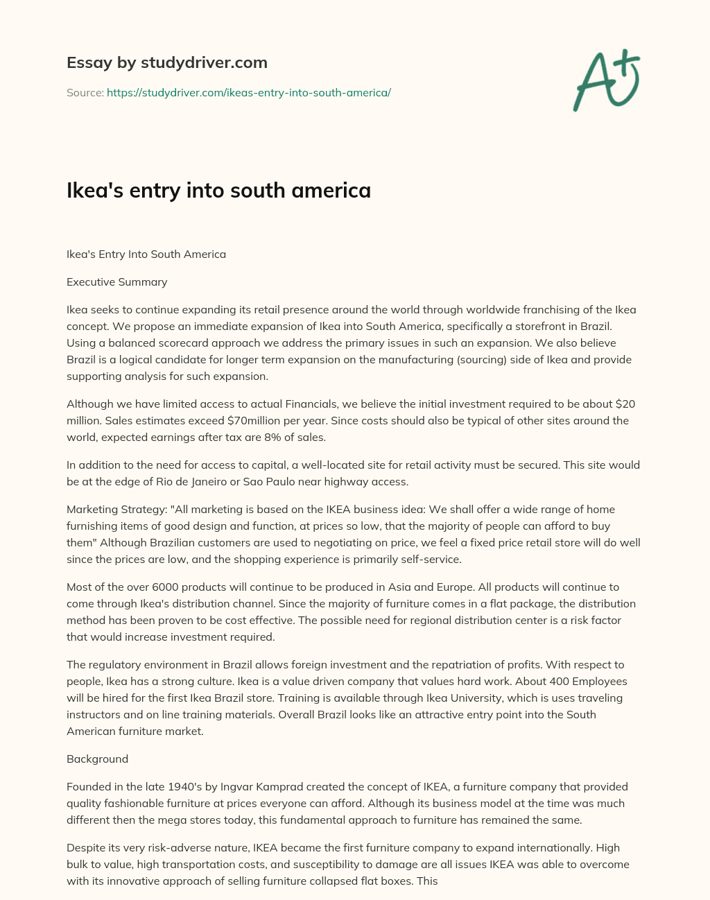 Ikea’s Entry into South America essay