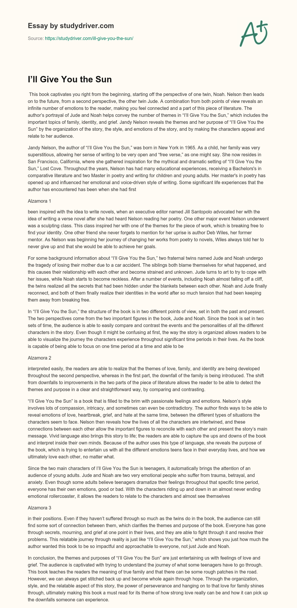 I’ll Give you the Sun essay