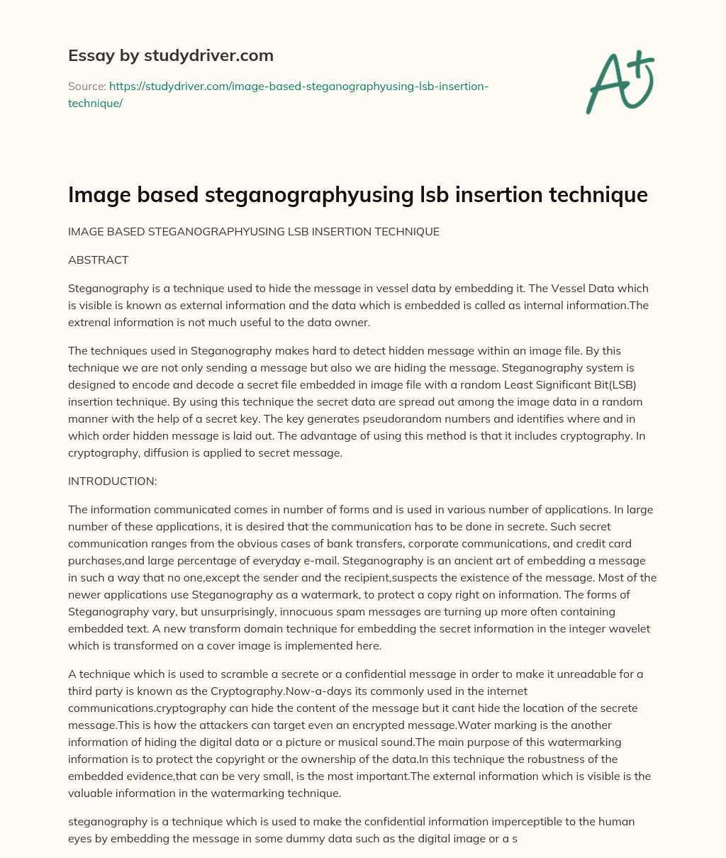 Image Based Steganographyusing Lsb Insertion Technique essay