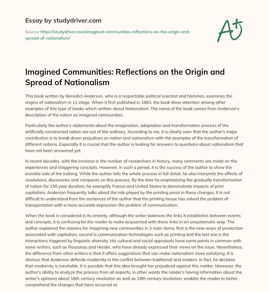 Imagined Communities: Reflections on the Origin and Spread of Nationalism essay