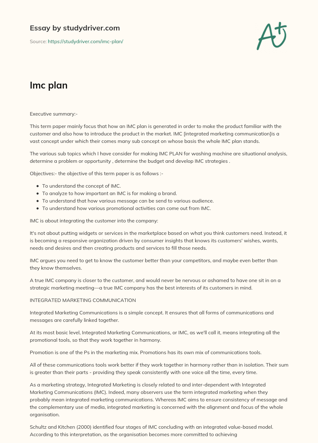 Imc plan - Free Essay Example | StudyDriver.com