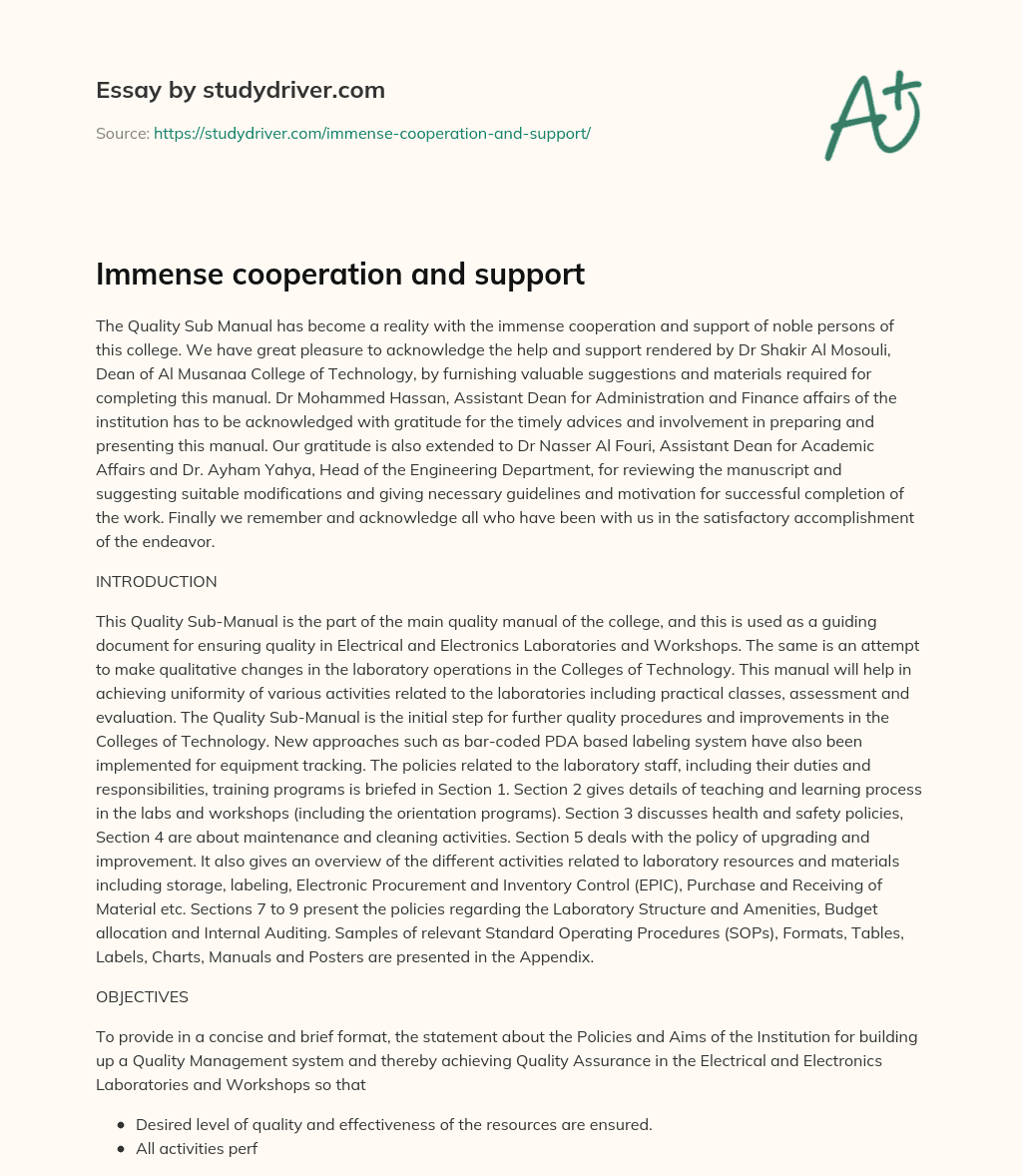 Immense Cooperation and Support essay