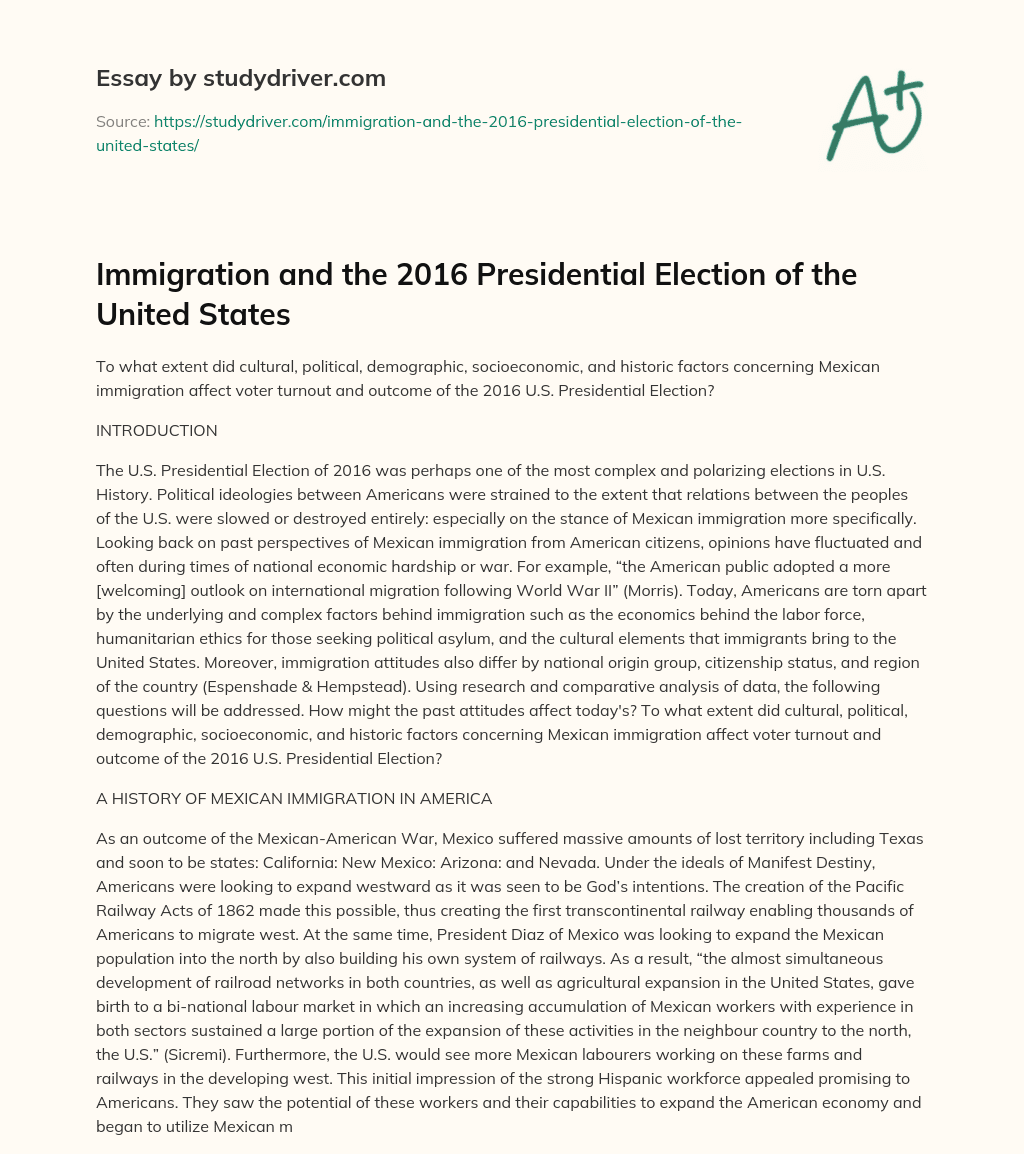 Immigration and the 2016 Presidential Election of the United States essay