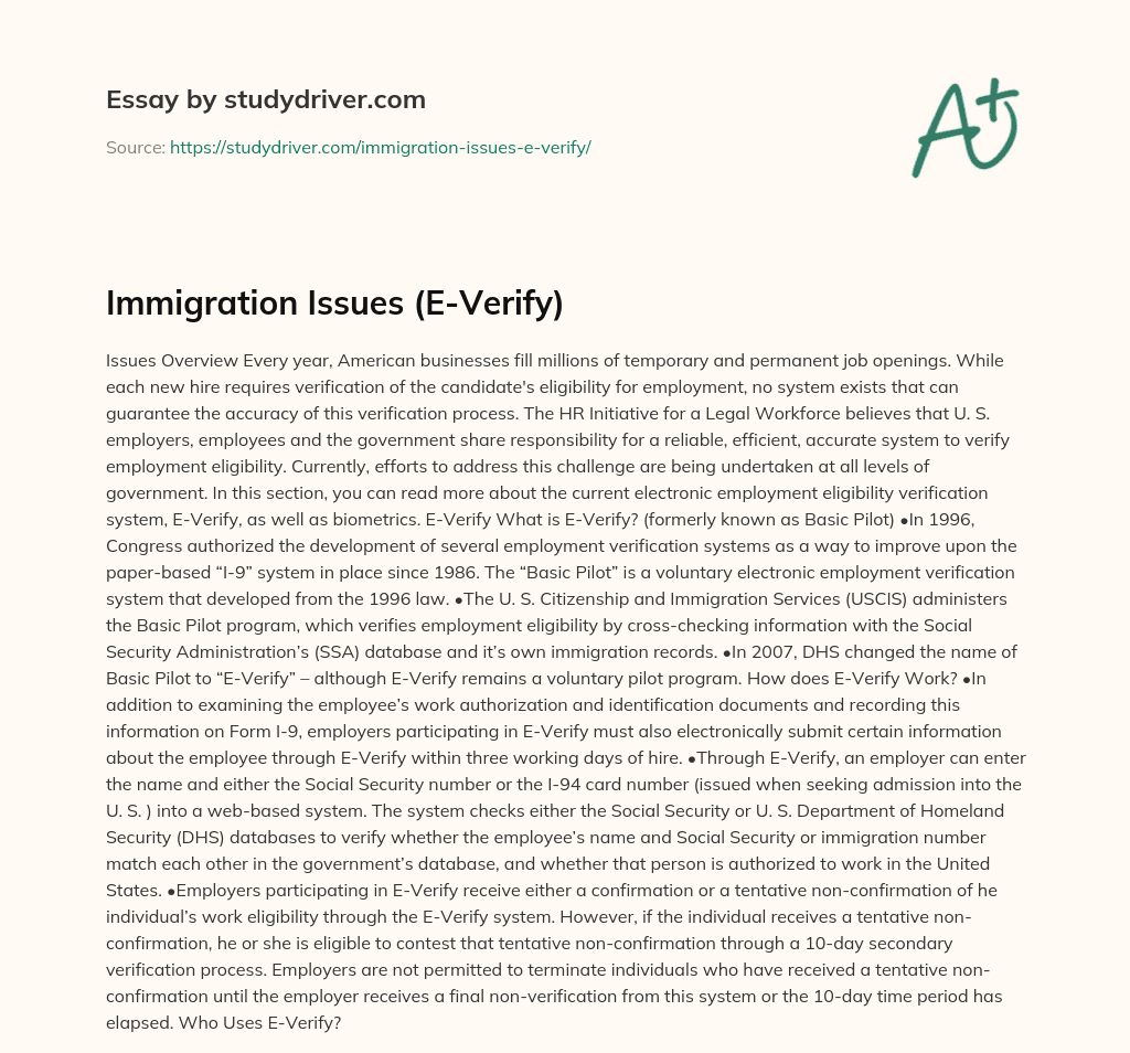 Immigration Issues (E-Verify) essay