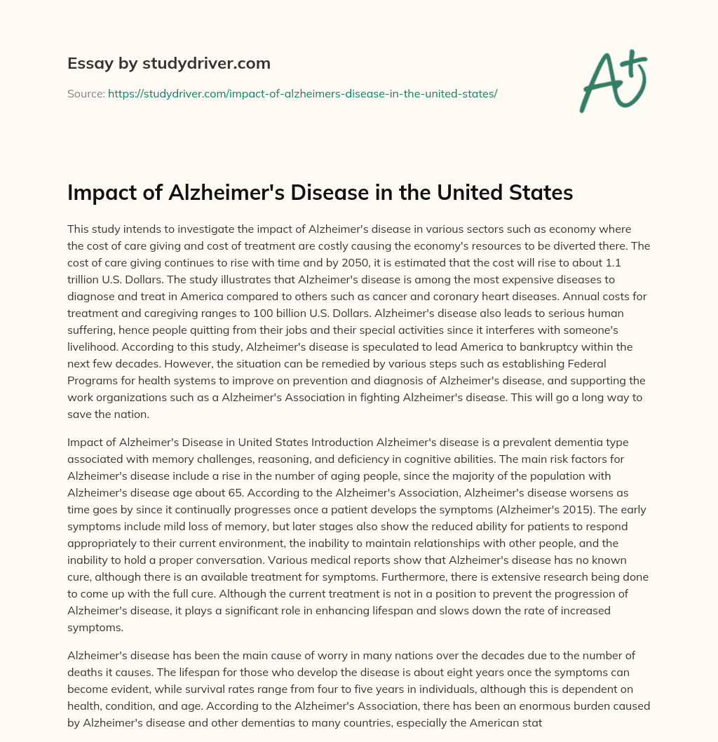 Impact of Alzheimer’s Disease in the United States essay
