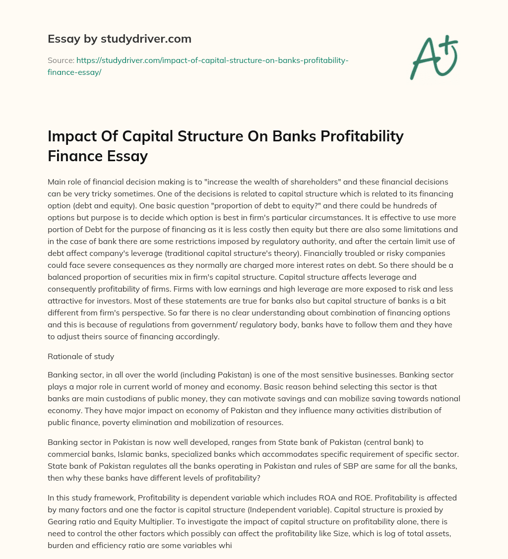 Impact of Capital Structure on Banks Profitability Finance Essay essay