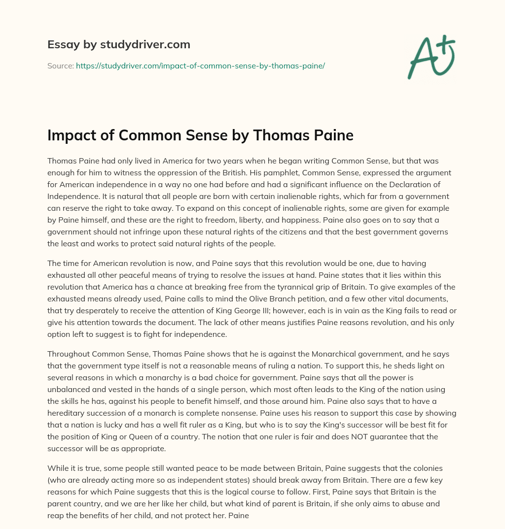 Impact of Common Sense by Thomas Paine essay