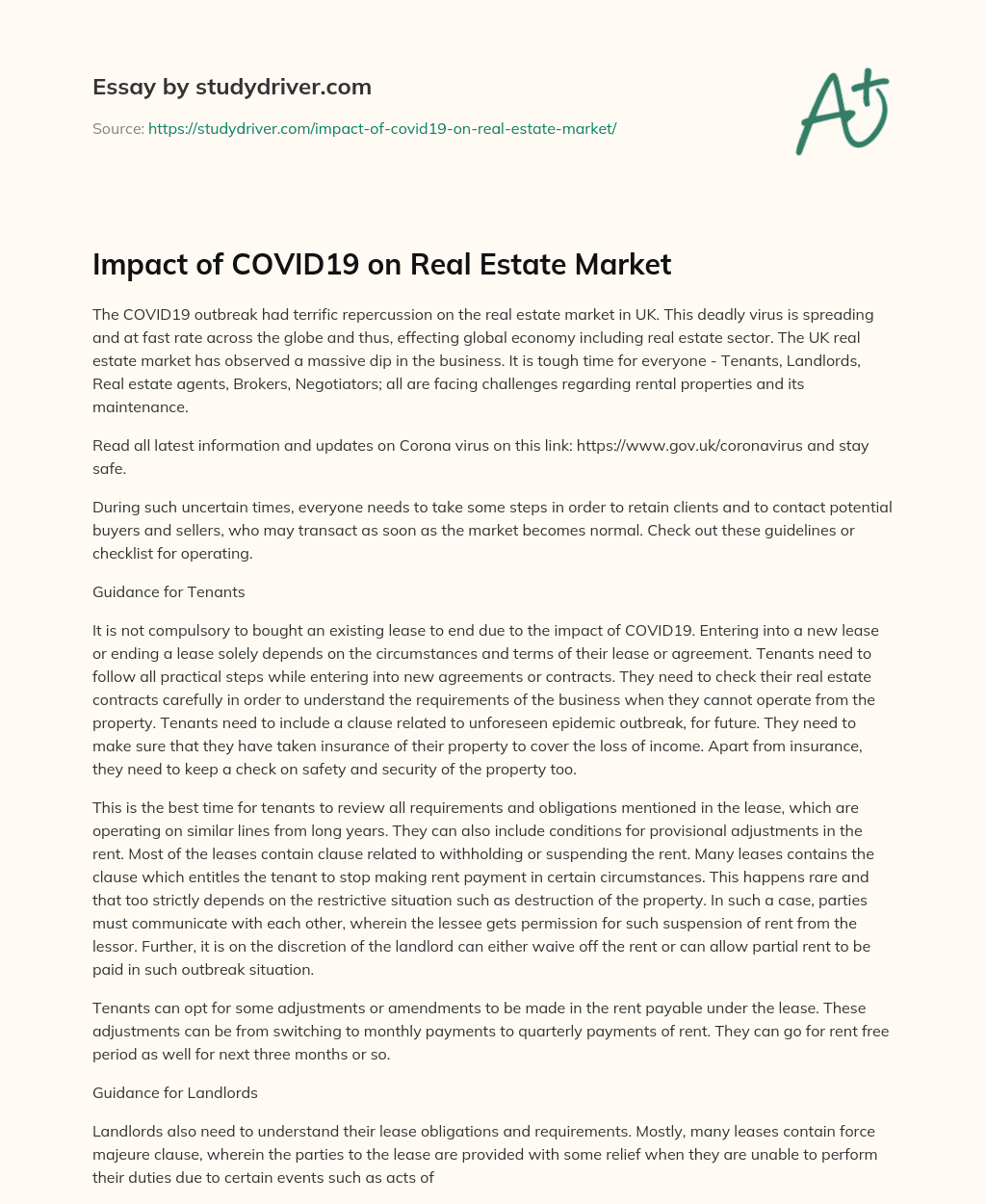 Impact of COVID19 on Real Estate Market essay