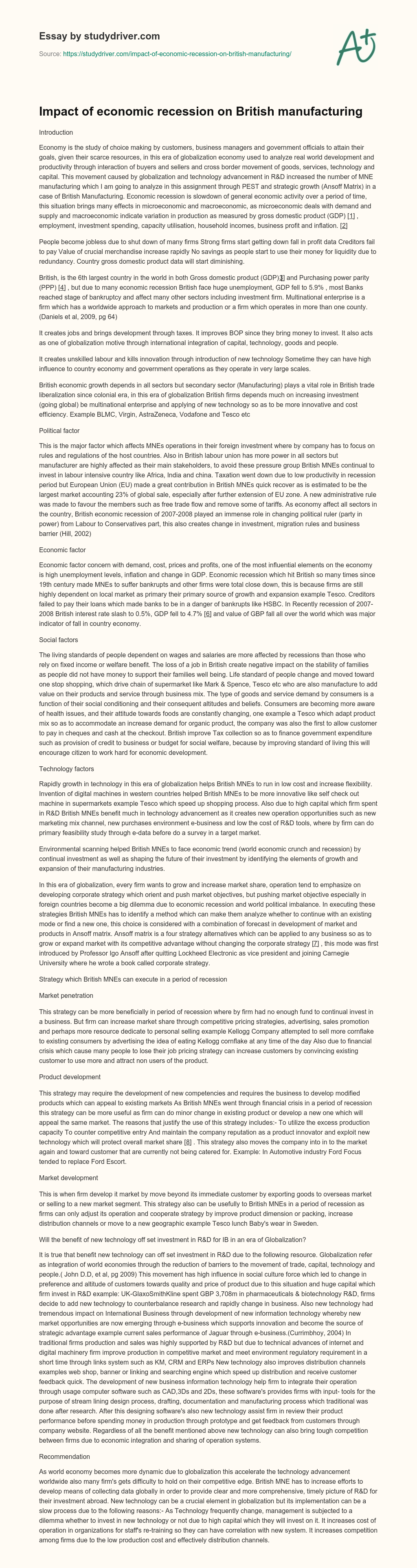 Impact of Economic Recession on British Manufacturing essay