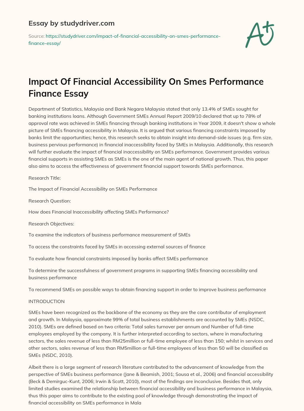 Impact of Financial Accessibility on Smes Performance Finance Essay essay