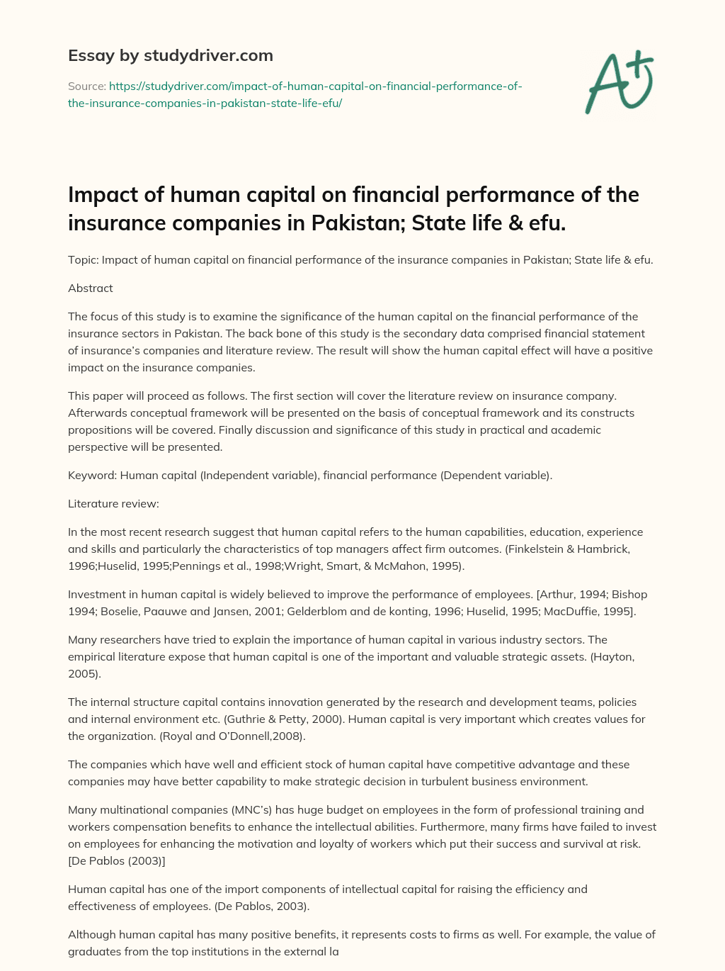 Impact of Human Capital on Financial Performance of the Insurance Companies in Pakistan; State Life & Efu. essay