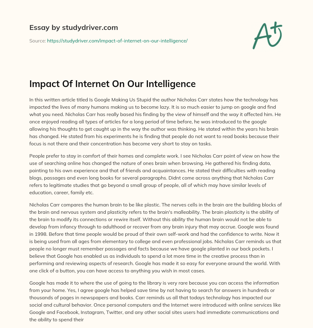 Impact of Internet on our Intelligence essay