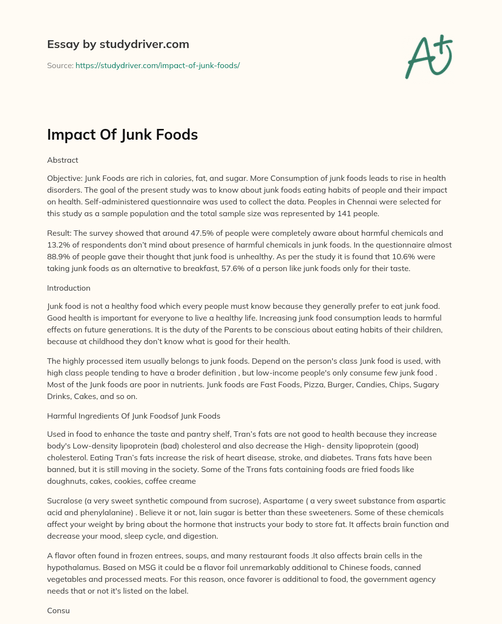 Impact of Junk Foods essay
