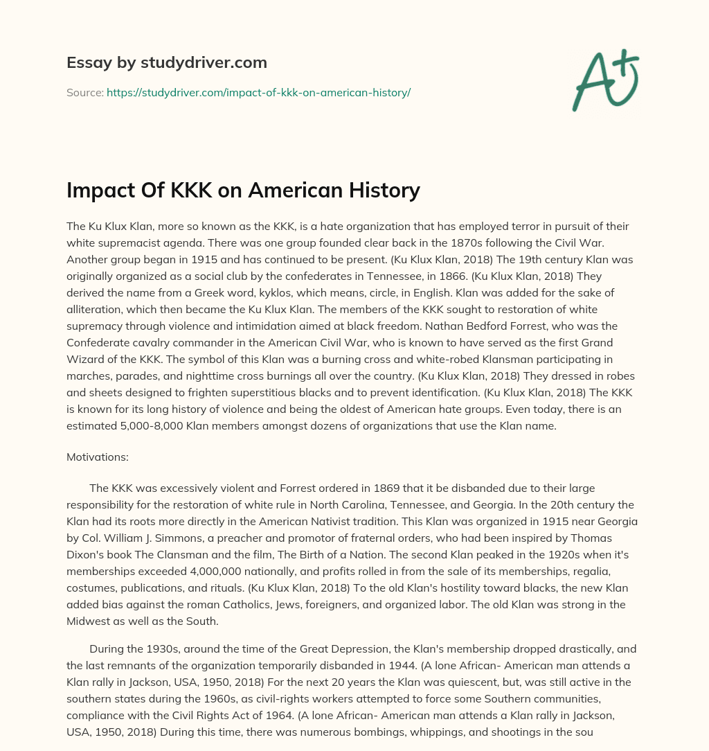 Impact of KKK on American History essay