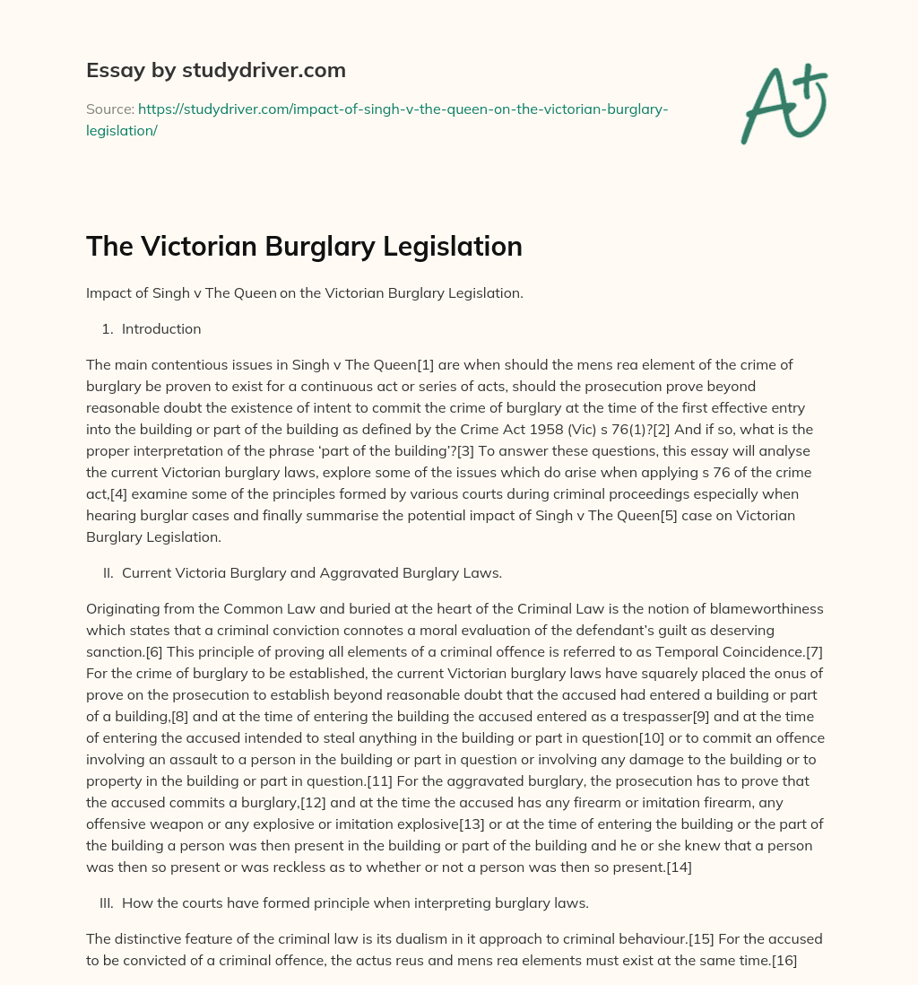 The Victorian Burglary Legislation essay