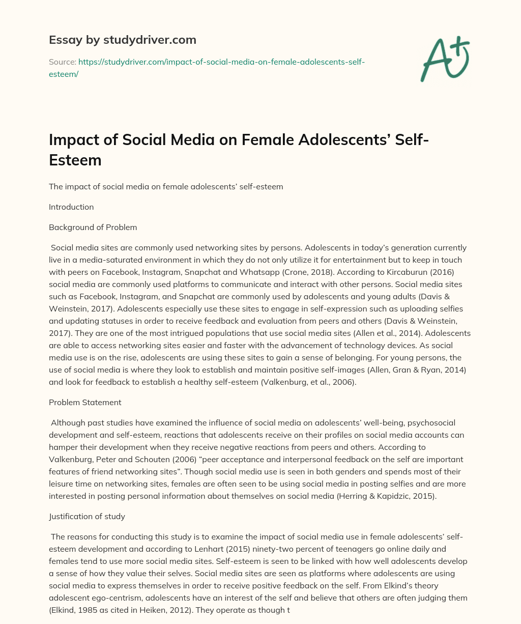 Impact of Social Media on Female Adolescents’ Self-Esteem essay