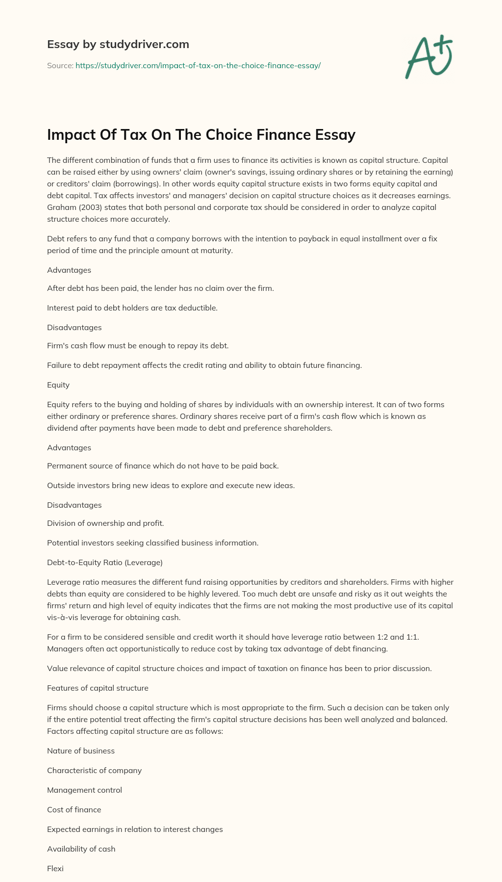 Impact of Tax on the Choice Finance Essay essay