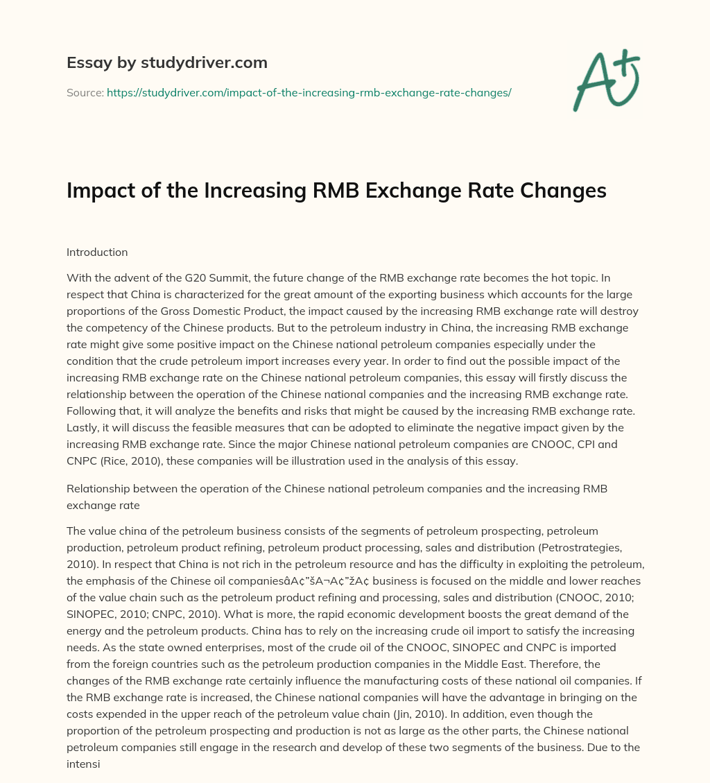 Impact of the Increasing RMB Exchange Rate Changes essay