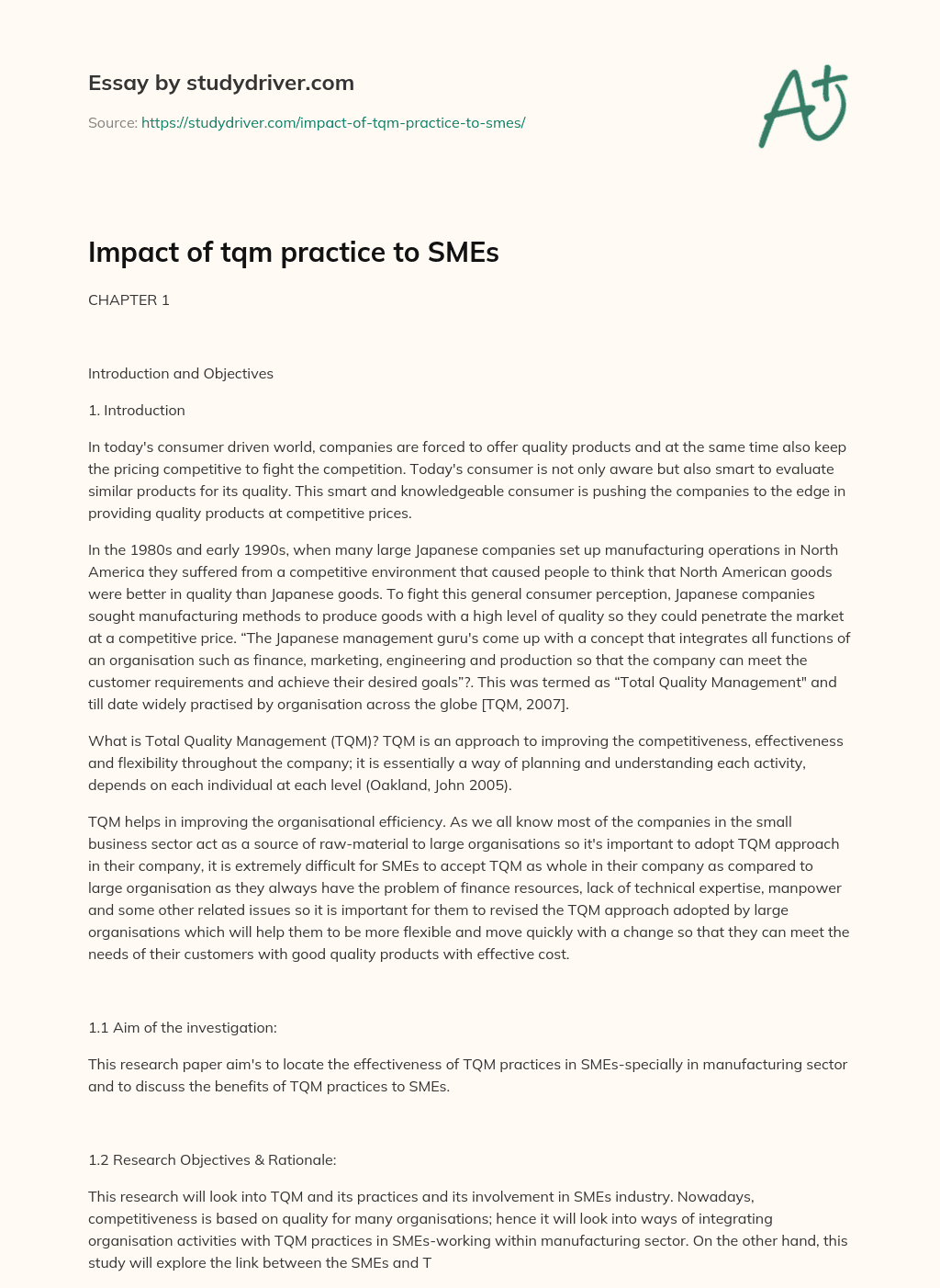 Impact of Tqm Practice to SMEs essay