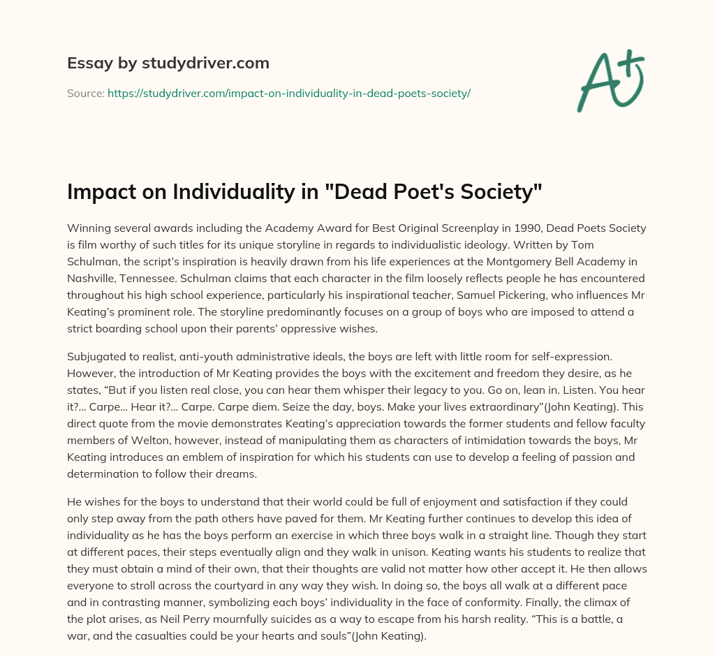 Impact on Individuality in “Dead Poet’s Society” essay