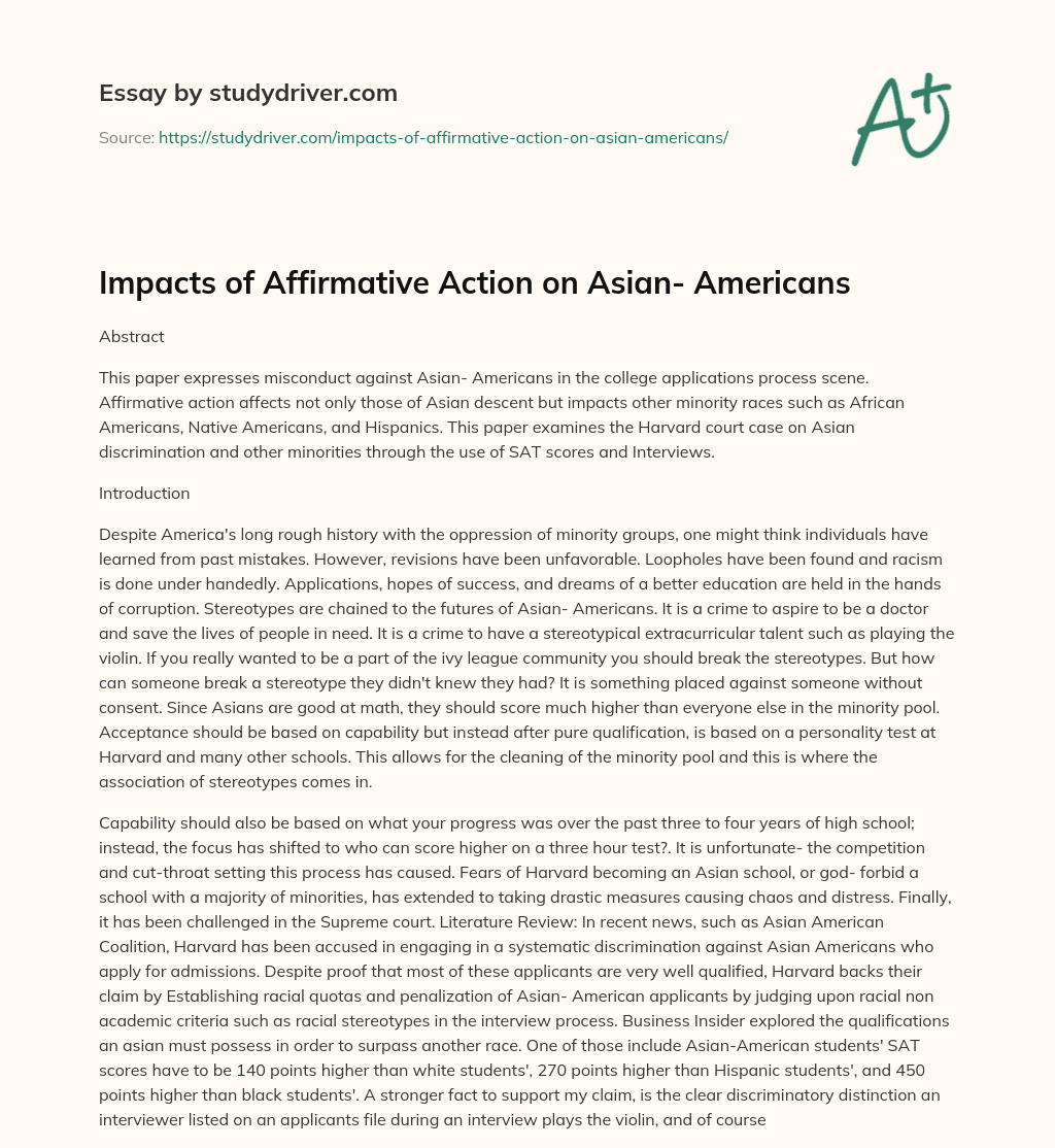 Impacts of Affirmative Action on Asian- Americans essay