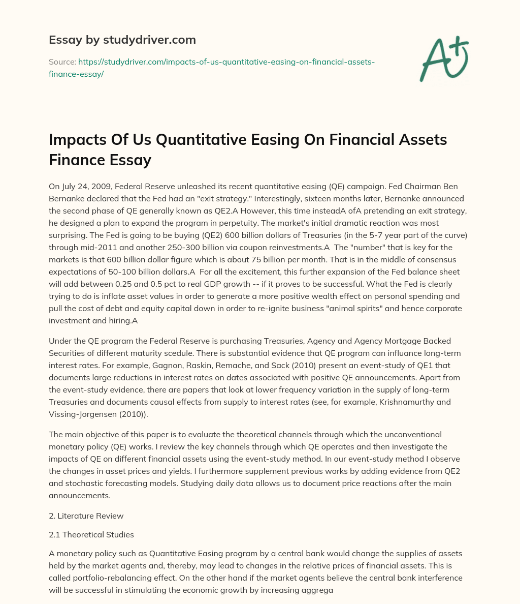 Impacts of Us Quantitative Easing on Financial Assets Finance Essay essay