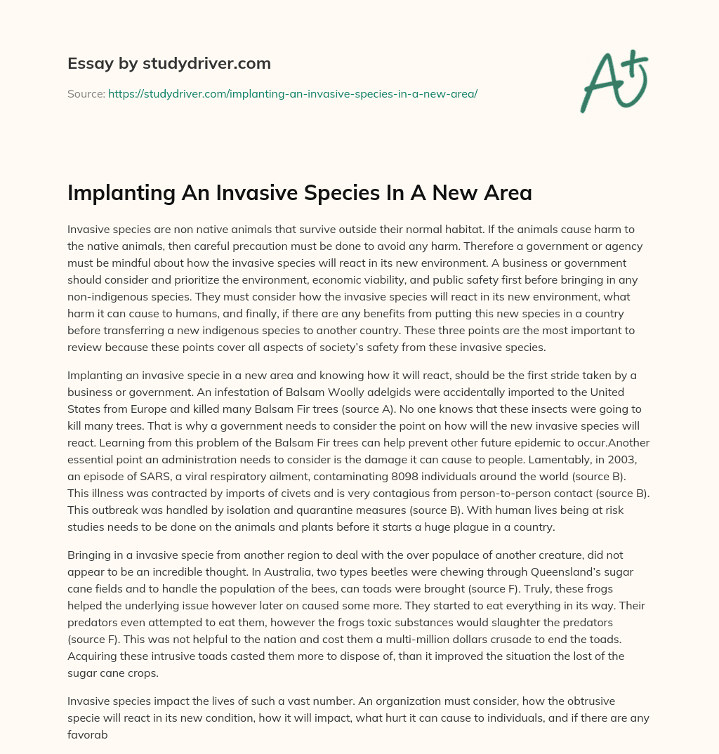 Implanting an Invasive Species in a New Area essay