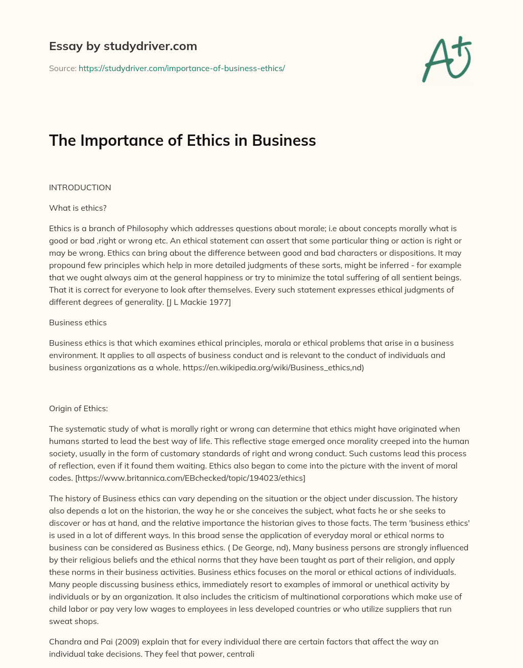 The Importance of Ethics in Business essay