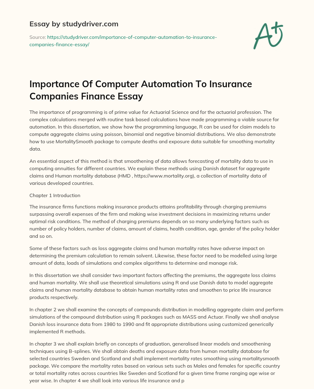 Importance of Computer Automation to Insurance Companies Finance Essay essay