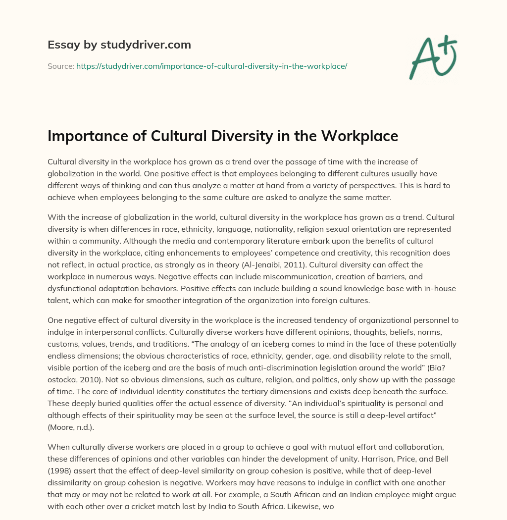 Importance of Cultural Diversity in the Workplace essay