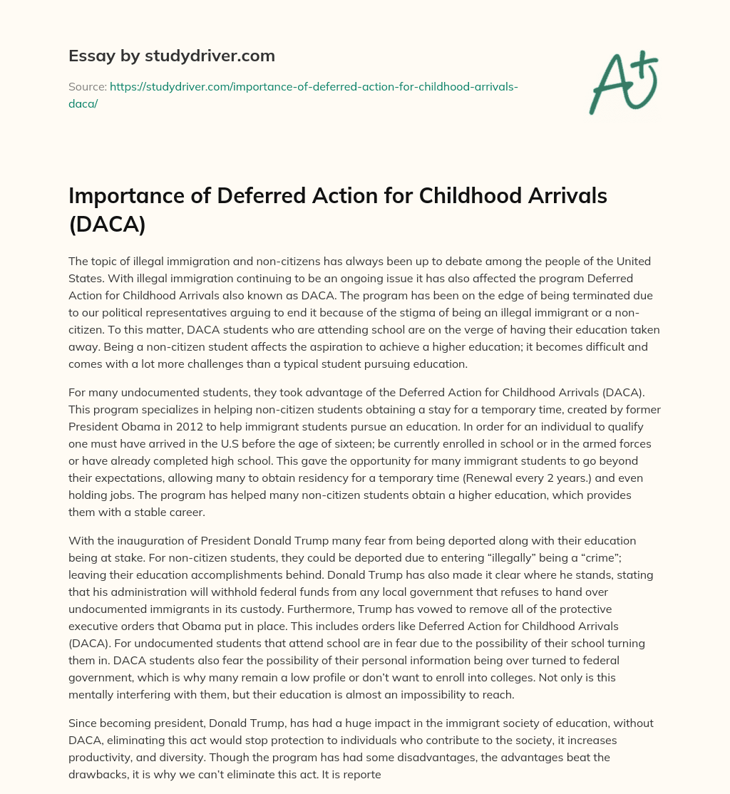 Importance of Deferred Action for Childhood Arrivals (DACA) essay