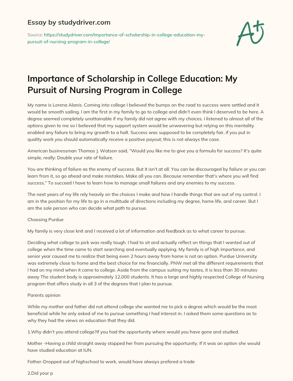 Importance of Scholarship in College Education: my Pursuit of Nursing Program in College essay