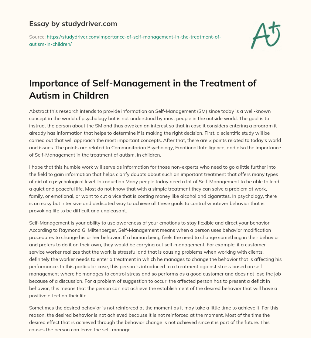 Importance of Self-Management in the Treatment of Autism in Children essay