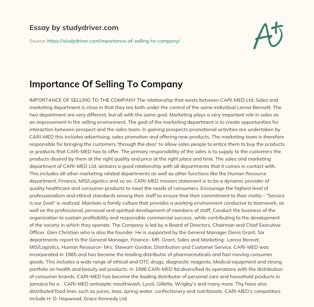 Importance of Selling to Company essay