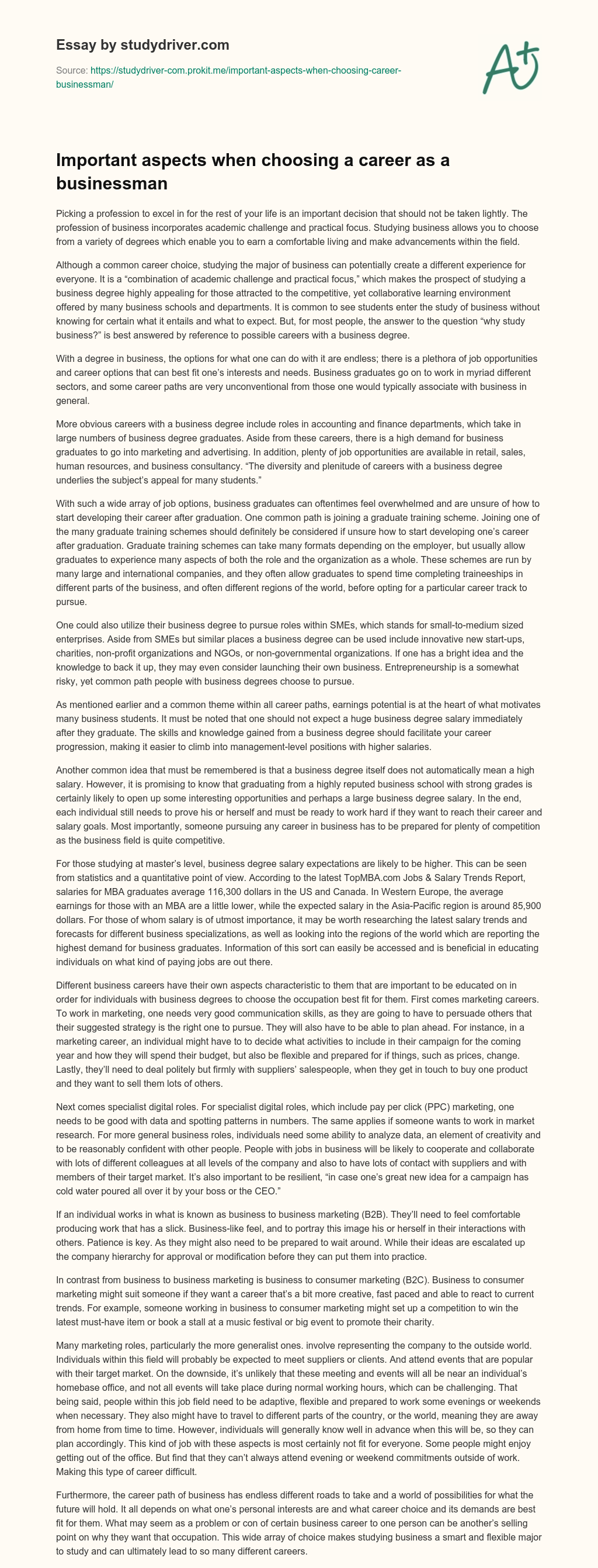 Important Aspects when Choosing a Career as a Businessman essay