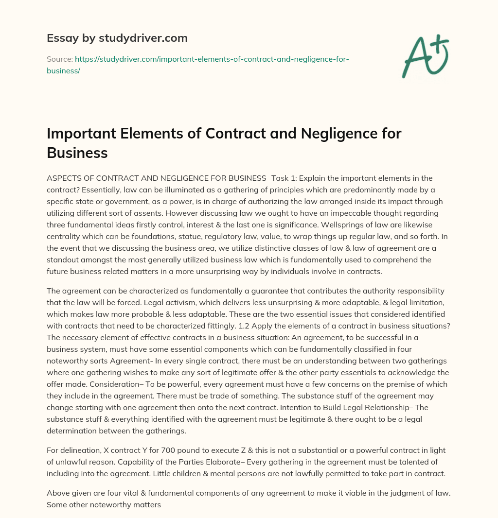 Important Elements of Contract and Negligence for Business essay