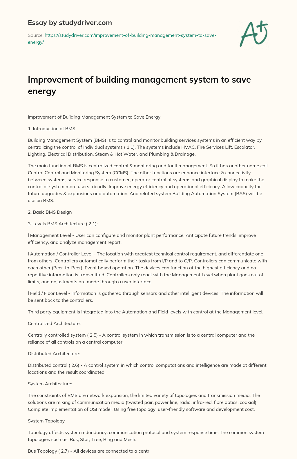Improvement of Building Management System to Save Energy essay