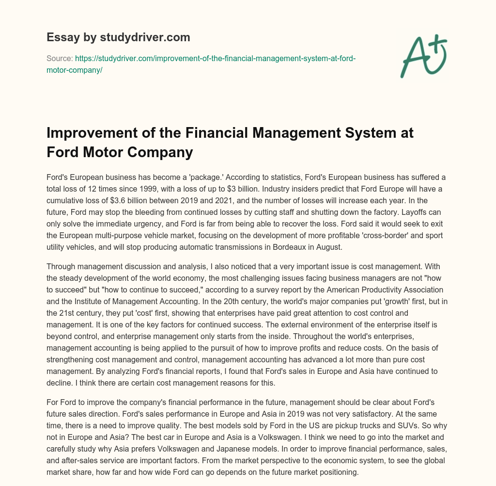 Improvement of the Financial Management System at Ford Motor Company essay