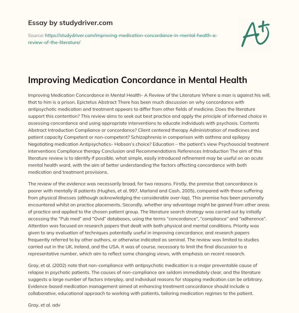 Improving Medication Concordance in Mental Health essay