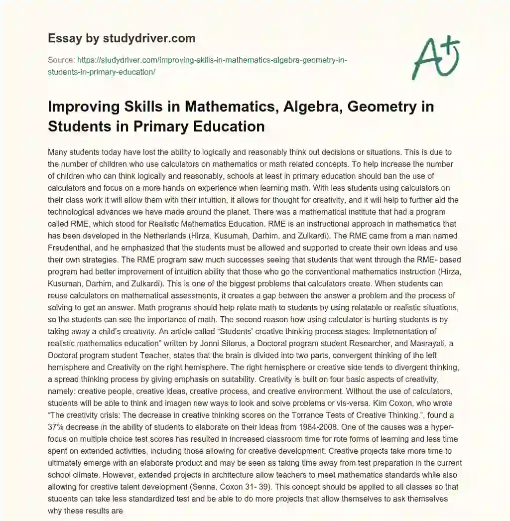 Improving Skills in Mathematics, Algebra, Geometry in Students in Primary Education essay