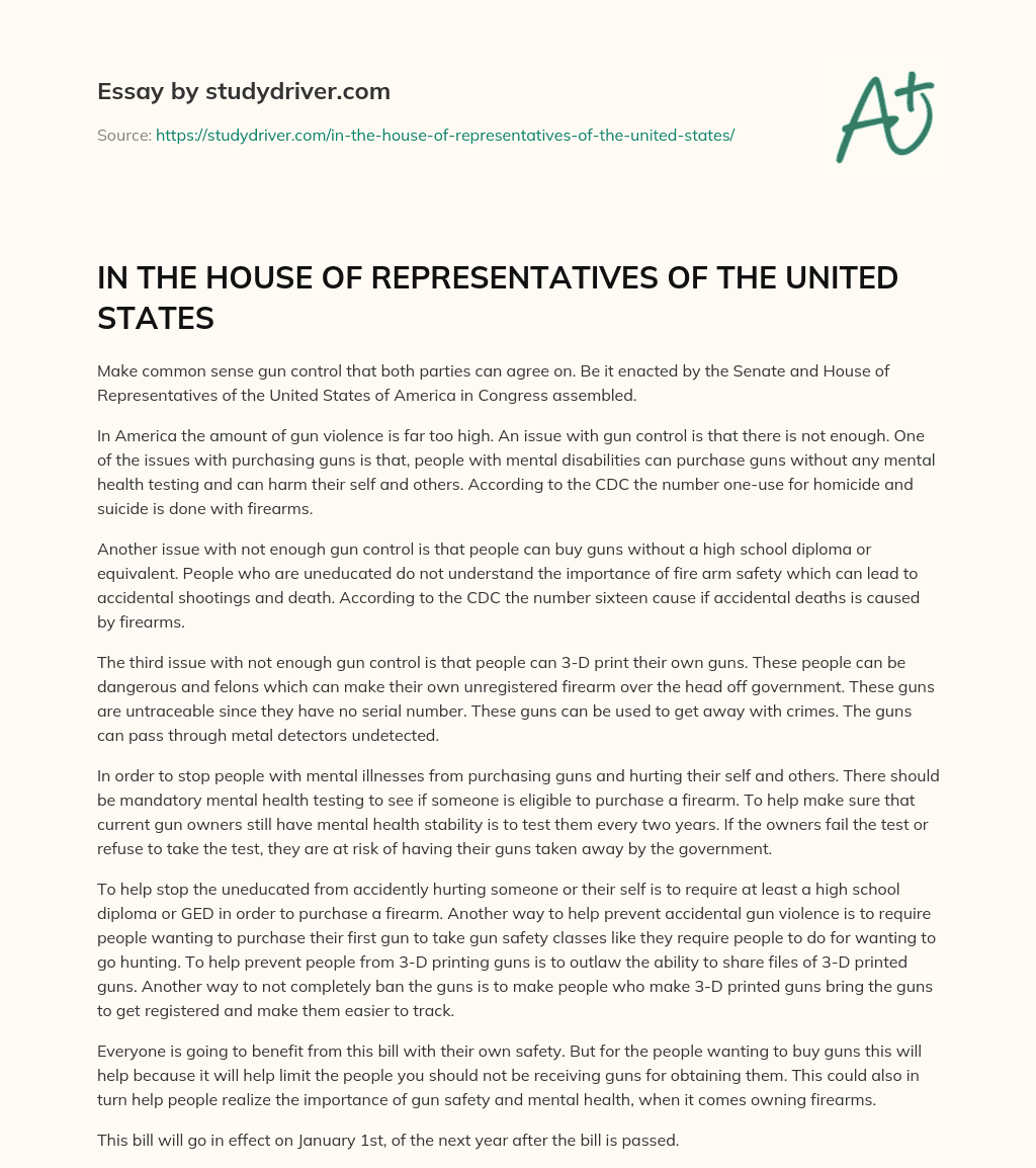 IN the HOUSE of REPRESENTATIVES of the UNITED STATES essay
