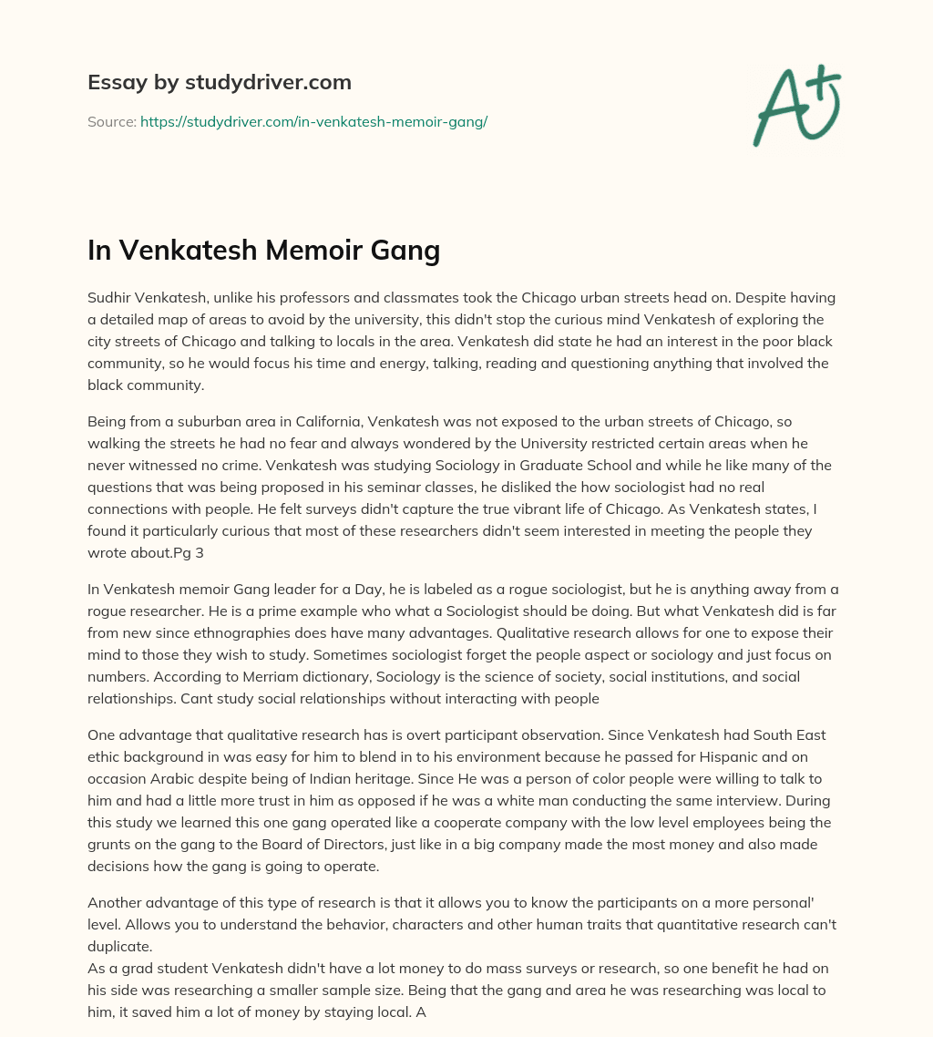 In Venkatesh Memoir Gang essay
