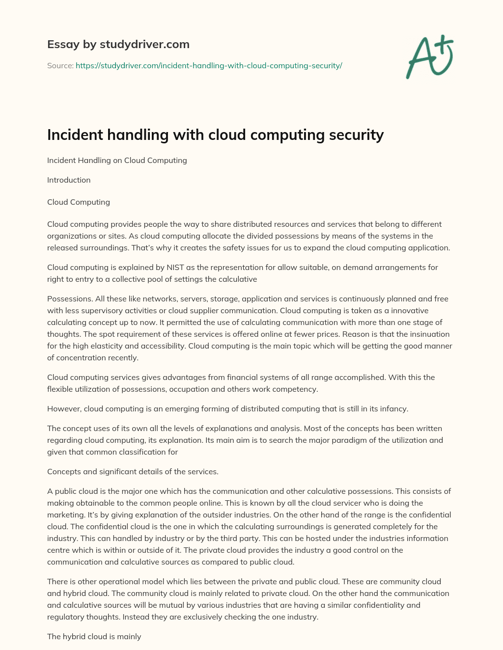 Incident Handling with Cloud Computing Security essay