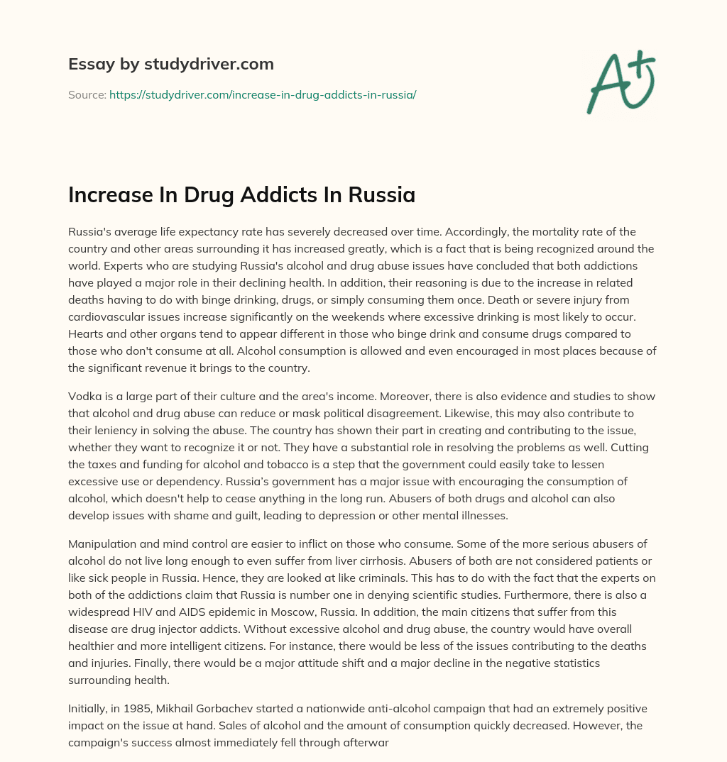 Increase in Drug Addicts in Russia essay
