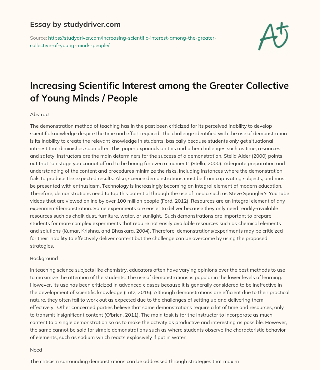 Increasing Scientific Interest Among the Greater Collective of Young Minds / People essay