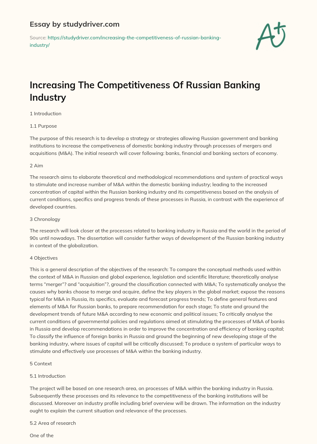Increasing the Competitiveness of Russian Banking Industry essay