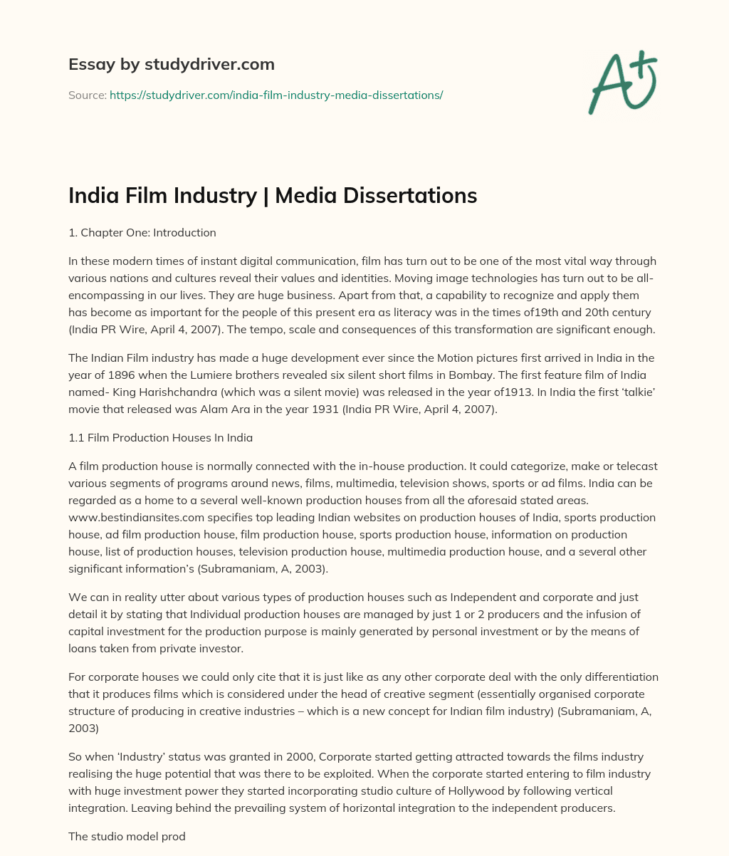 India Film Industry | Media Dissertations essay