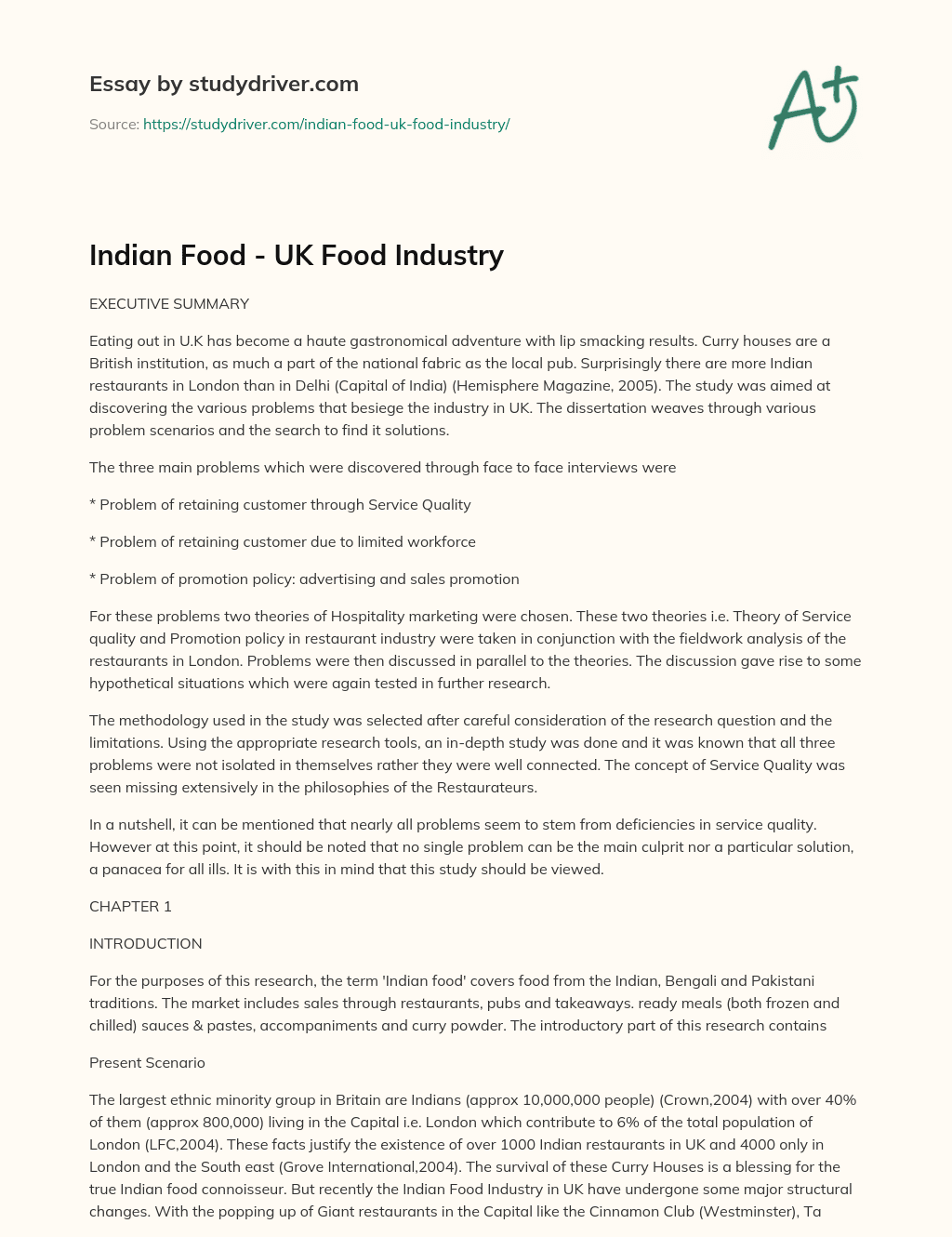 Indian Food – UK Food Industry essay